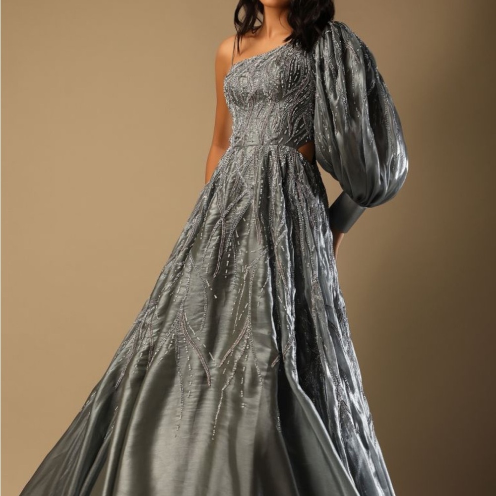 Elegant Dusty Teal One-Shoulder Evening Gown